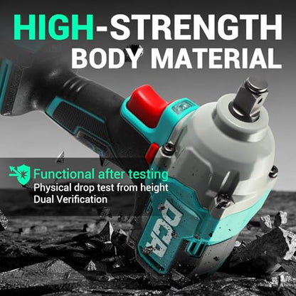 DCA Cordless Impact Wrench 1/2 INCH, Max 503Ft-lbs/682N.m Brushless Impact Gun, High Torque Electric Impact Driver with Hog Ring, 4 Modes with Smart Loosen Function, 2 * 4.0Ah Battery