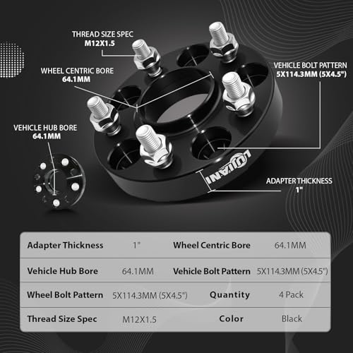 4 Pack 5x114.3mm Wheel Spacers for Civic CR-V Accord TSX TLX TL, 1" Thick Forged Hubcentric Tire Spacer, M12x1.5 Thread Studs & 64.1mm Centric Bore, 5x4.5 Hub Centric Wheel Adapters