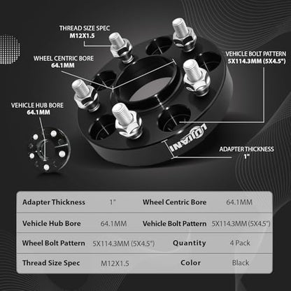 4 Pack 5x114.3mm Wheel Spacers for Civic CR-V Accord TSX TLX TL, 1" Thick Forged Hubcentric Tire Spacer, M12x1.5 Thread Studs & 64.1mm Centric Bore, 5x4.5 Hub Centric Wheel Adapters