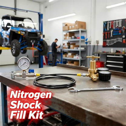 Nitrogen Shock Fill Kit with 700Psi Nitrogen Gauge and 10in High-Pressure Flexible Hose Nitrogen Regulator Shock Fill Tool No-Loss Schrader Chuck for ATV, UTV, Off-Road Bike, Dirt Bike