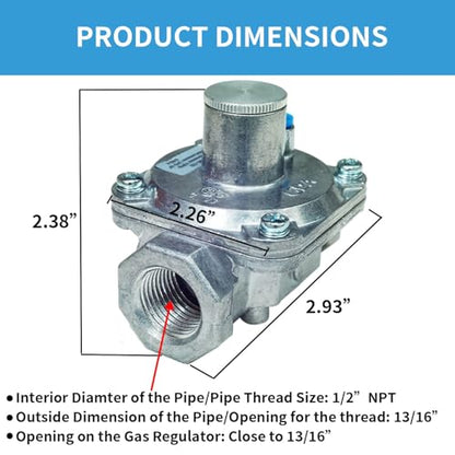 1/2" Natural/Propane Gas Pressure Regulator with 2 Brass Pipe Fittings (1/2" x 1/4"), LPG 10" NG 4" (Outlet Pressure), 1/2 PSI (Inlet Pressure), 13/16" in and Out Opening - size: 1/4