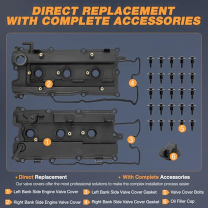 Nilight Pair Engine Valve Cover with Gasket, Replace# 132647Y010 132648J102 - size: for Infiniti I35 2002-2004, Nissan Altima 02-06