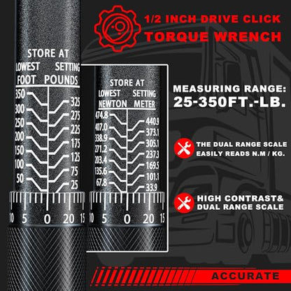 3/4" Drive Click Torque Wrench 25-350 Ft.-Lb. / 33.9-474.8 Nm, 72 Tooth Dual-Direction Adjustable, Dual Scale, ±3% Accuracy, for Bicycle, Motorcycle, Automotive Repair and Maintenance - size: 3/4"
