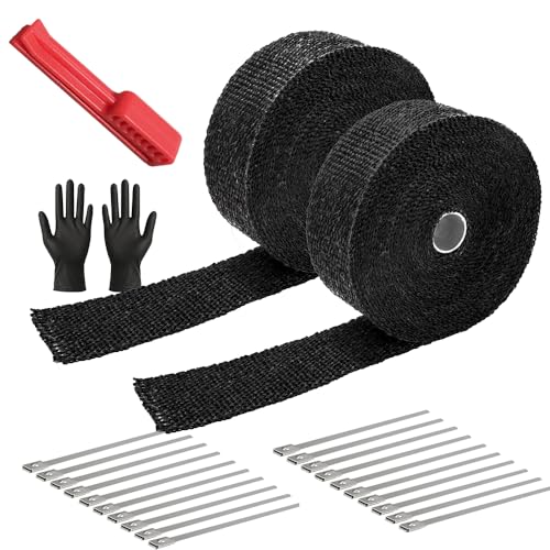 Exhaust Heat Wrap Roll 2" x 50' Black Fiberglass Heat Shield Tape 2 Rolls 5cm x 15m with 20pcs Stainless Ties and A Measure Tool for Motorcycle Car Truck - style: Black50' /2roll