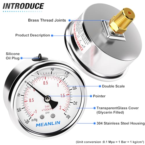 MEANLIN MEASURE -30inHG~30Psi Stainless Steel 1/4" NPT 2.5" FACE DIAL,Vacuum Pressure Gauge,Center Back Mount, with 1/2" NPT and 3/8" NPT Hex Bushing - size: -30inHG-30Psi