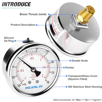 MEANLIN MEASURE -30inHG~30Psi Stainless Steel 1/4" NPT 2.5" FACE DIAL,Vacuum Pressure Gauge,Center Back Mount, with 1/2" NPT and 3/8" NPT Hex Bushing - size: -30inHG-30Psi