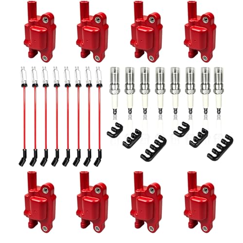 8 Pack UF413 Square Ignition Coils with 41962 Iridium Spark Plugs and 48322R Wires Set for Chevy Silverado Tahoe GMC Sierra Yukon Cadillac Escalade 4.8L 5.3L 6.0L 6.2L Replace 12570616 Red - color: Red, size: UF413 + 748UU + 41-962