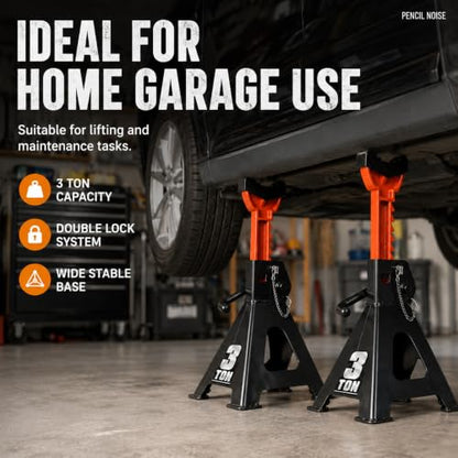 Jack Stands, 3 Ton Capacity with Rubber Cover and Large Foot Base, Double Locking Car Lifting Stand, Black Orange, 1 Pair - color: Black Orange(with rubber cover)