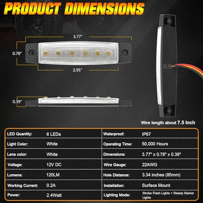 BJZ 3.8" Strobe+Steady Marker Strip Dual Function White Trailer LED Side Clearance Tail Bumper Griller Flash Lights 12V Running Warning Waterproof for Trailer Truck Van RV ATV Bus, 10Pcs - color: White, 10Pcs