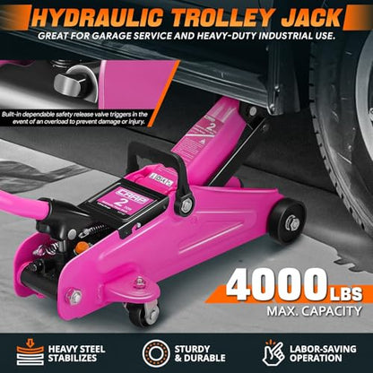 Low Profile Hydraulic Trolley Service/Floor Jack Combo with 2 Ratchet Jack Stands, 2 Ton (4000 lbs) Capacity, Lifting Range 11"-17", CAAP-TOLS-FJK-Set-PR