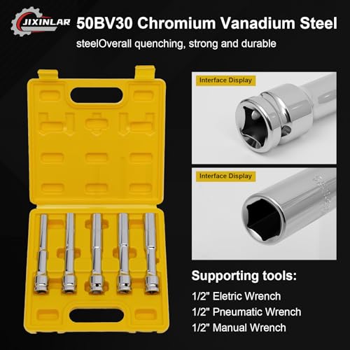 5PCS 1/2" Drive Extra Long Thin Wall Deep Socket Set，8-14mm Metric Impact Socket Kit, CR-V Steel for Automotive Repair, Compatible with Electric/Pneumatic/Manual Wrench