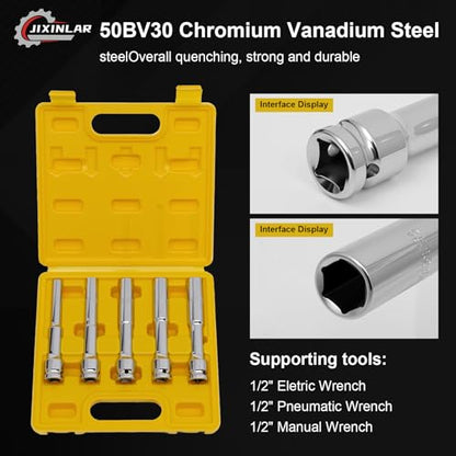 5PCS 1/2" Drive Extra Long Thin Wall Deep Socket Set，8-14mm Metric Impact Socket Kit, CR-V Steel for Automotive Repair, Compatible with Electric/Pneumatic/Manual Wrench