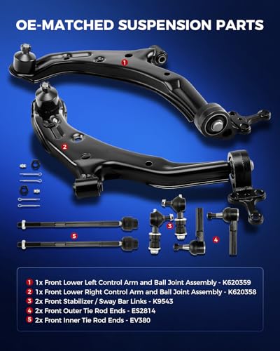 KAX 8Pcs Suspension Kit for 𝐍𝐢𝐬𝐬𝐚𝐧 𝐒𝐞𝐧𝐭𝐫𝐚 2000-2006 High-Strength Steel, 2 Lower Control Arms with Ball Joints, 4 Tie Rod Ends & 2 Sway Bar Link, Premium rubber bushings K620358 K620359 - size: Nissan Sentra 2000-2006