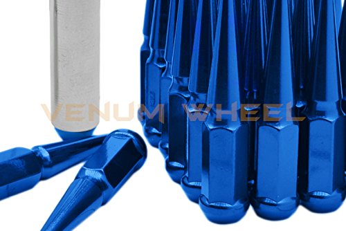 Venum wheel accessories 32pc Blue Spike Lug Nuts M14x1.5 4.5" Tall Solid Steel Special Design Locking Socket Key | Fits 2012-2017 Chevy 2500 3500 Aftermarket Wheels