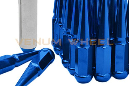Venum wheel accessories 32pc Blue Spike Lug Nuts M14x1.5 4.5" Tall Solid Steel Special Design Locking Socket Key | Fits 2012-2017 Chevy 2500 3500 Aftermarket Wheels