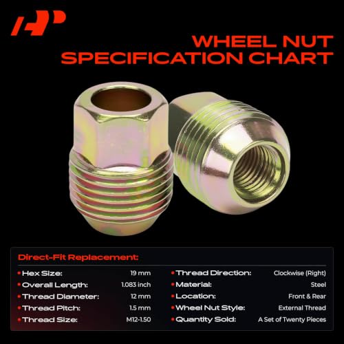 A-Premium M12-1.50 Wheel Lug Nuts Compatible with Chevrolet Equinox Malibu Impala Camaro HHR GMC Canyon Dodge Chrysler Buick 20-PC Set