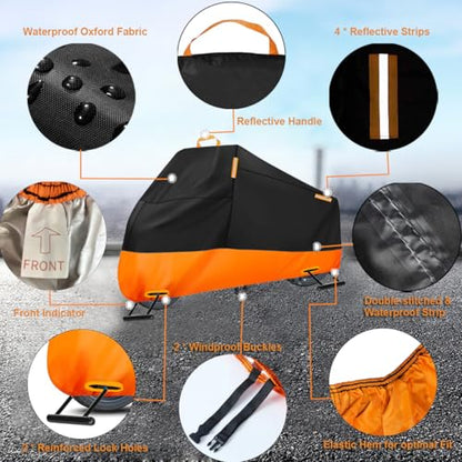 Motorcycle Cover Waterproof Outdoor, 300D Heavy Duty Motorcycle Cover for Harley Davidson Sportster 1200 883 Fat Boy 114 Street Bob, All Seasons Protection Scooter Cover Fits up to 96" - size: XXXL (Fits up to 104")