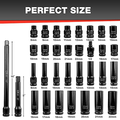 EACELIY 33pcs 1/2" Impact Socket Set (8-22mm), Metric Socket Set, Cr-V Steel, 6 Point Deep & Shallow Sockets, with 5" 10" Extension Bars and 1/2" Universal Joint - size: 1/2" Deep/Shallow Sockets (8-22mm)