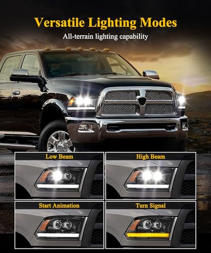 Partsam Full LED Headlights Assembly Compatible with 2009-2018 Ram 1500 2500 3500, DOT Approved Dual Projector Lens Headlamp Pair with Start Animation DRL Sequential Turn Signal Hi/Low Beam 6500K IP67 - color: Black