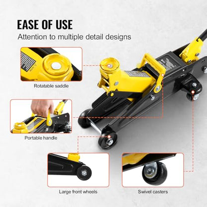 VEVOR Low Profile Floor Jack 2 Ton (4400 lbs), Heavy Duty Iron Hydraulic Racing Floor Jack, Hydraulic Car Jack, Single Piston Quick Lift Pump, 4.9"-13.2" Height Lifting Range (Yellow) - size: 2T