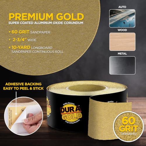 Dura-Gold Gold PSA Longboard Sandpaper, 60 Grit, 20 Yard Roll, 2-3/4" Wide - size: 60-Grit