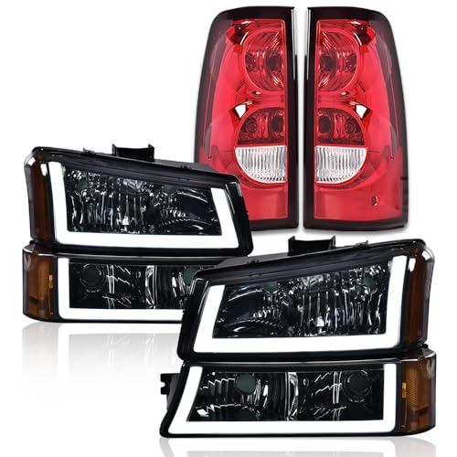 G-PLUS LED Headlights Assembly & Tail Lights Fit Chevy Silverado 1500 1500 HD 2500 2500 HD 2003-2006, Smoky Lens Chrome Housing Amber Reflector Headlamps Assembly Red Taillights - color: Smoky Lens Chrome Housing Amber Reflector & Red, size: U LED