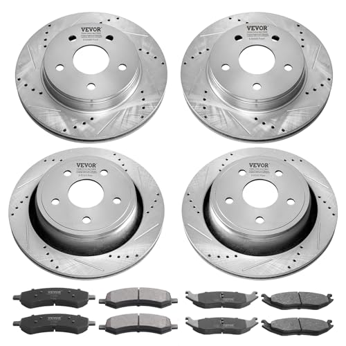 VEVOR Front and Rear Brake Kit for 06-2018 Dodge Ram 1500, 07-2009 Dodge Durango Chrysler Aspen, Drilled and Slotted Brake Rotors Ceramic Brake Pads Replacement, 13.2" Front Rotors 13.9" Rear Rotors - size: S-53005 + S-53006