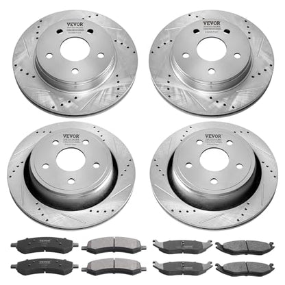 VEVOR Front and Rear Brake Kit for 06-2018 Dodge Ram 1500, 07-2009 Dodge Durango Chrysler Aspen, Drilled and Slotted Brake Rotors Ceramic Brake Pads Replacement, 13.2" Front Rotors 13.9" Rear Rotors - size: S-53005 + S-53006