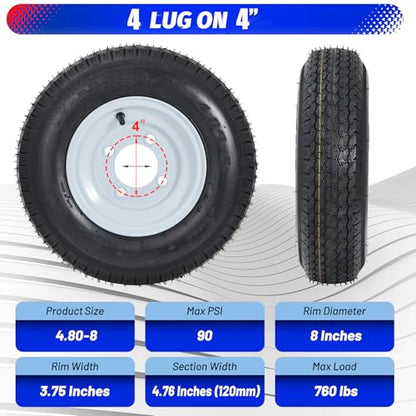 Garvee 2 Pack 4.80-8 4.80x8 480-8 Trailer Tires with 8 inch Rims, 4 Lug on 4 inch, Center Bore 2.85 inch, Multi-Function Utility Trailer Tire for Travel/Landscape/Cargo/Boat/Horse/Farm/Lawn Mower - size: 4.80-8, style: 4 lug on 4"