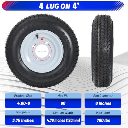 Garvee 2 Pack 4.80-8 4.80x8 480-8 Trailer Tires with 8 inch Rims, 4 Lug on 4 inch, Center Bore 2.85 inch, Multi-Function Utility Trailer Tire for Travel/Landscape/Cargo/Boat/Horse/Farm/Lawn Mower - size: 4.80-8, style: 4 lug on 4"