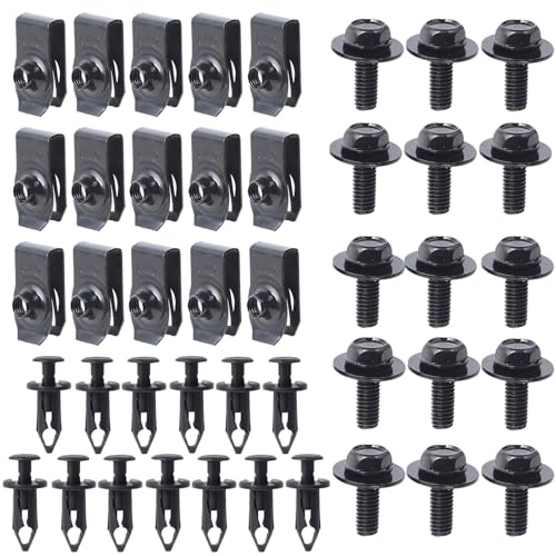 Minho 45Pcs M6 Engine Splash Shield Hardware Kit, Carbon Steel U-Nuts & Bolts with Nylon Retainers, Black - style: U-nuts+Bolts+Push Clips 45PCS