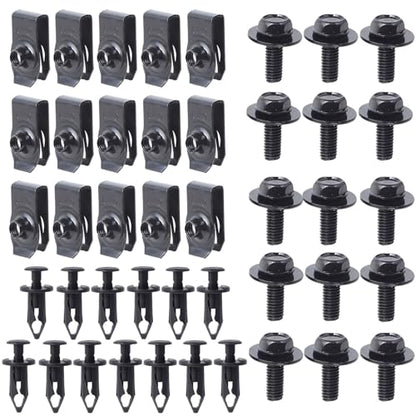 Minho 45Pcs M6 Engine Splash Shield Hardware Kit, Carbon Steel U-Nuts & Bolts with Nylon Retainers, Black - style: U-nuts+Bolts+Push Clips 45PCS