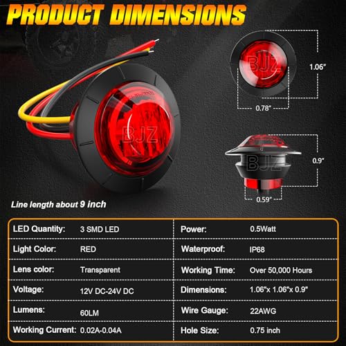 BJZ 3/4" Strobe+Marker Dual Function Red Round Trailer LED Side Clearance Tail Bumper Griller Flash Lights 12V Brake Stop Turn Warning Waterproof Light for Trailer Truck Van RV ATV Bus, 10Pcs - color: Red, 10Pcs