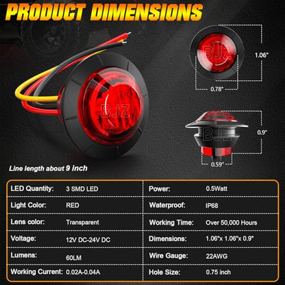 BJZ 3/4" Strobe+Marker Dual Function Red Round Trailer LED Side Clearance Tail Bumper Griller Flash Lights 12V Brake Stop Turn Warning Waterproof Light for Trailer Truck Van RV ATV Bus, 10Pcs - color: Red, 10Pcs