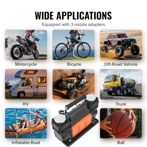VEVOR 10.6 CFM Heavy Duty Air Compressor, 30s Fast Inflation | 1080W Dual-Cylinder Portable Tire Inflator, 12V 150PSI Offroad Air Pump with Adapters for Trucks Car SUV 4 x 4 Vehicle RV - size: 14.37 x 5.91 x 8.94 in