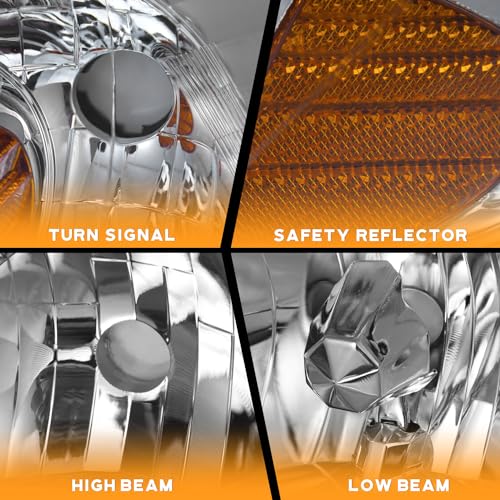 WEELMOTO Halogen Headlights Assembly for 2004-2005 Honda Civic 2/4Door - color: Clear Lens I Chrome Housing I Amber Reflector