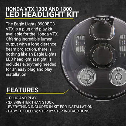 Eagle Lights 5.75 inch LED Motorcycle Headlight Kit for Honda VTX with Bracket and Hardware - Plug and Play (Black Generation III) fits 2002-2008 VTX 1800, VTX 1300 - color: Black Generation III