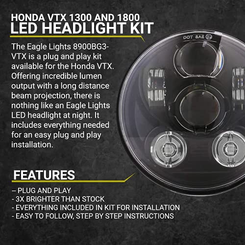 Eagle Lights 5.75 inch LED Motorcycle Headlight Kit for Honda VTX with Bracket and Hardware - Plug and Play (Black Generation III) fits 2002-2008 VTX 1800, VTX 1300 - color: Black Generation III