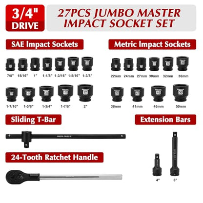 EMENTOL 3/4" Drive Jumbo Impact Socket Set, 27PCS, SAE (7/8"-2") and Metric (22mm-50mm),Shallow, 6-Point,Includes Ratchet Handle, Extension Bars, Sliding Breaker Bar, CR-MO - style: 27PCS SAE (7/8"-2") & Metric (22mm-50mm)