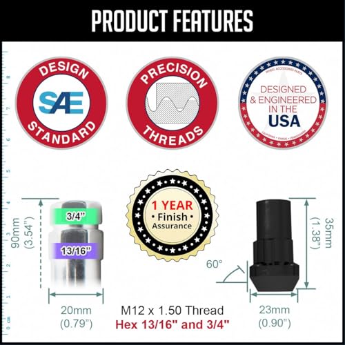Wheel Accessories Parts M12x1.5 12x1.5 Thread Closed End Bulge 1.38" Long Wheel Lock Black Dual Hex Key 13/16" and 3/4" Fits Ford Bronco (No Raptor) - color: Black, style: Bronco Wheel Lock