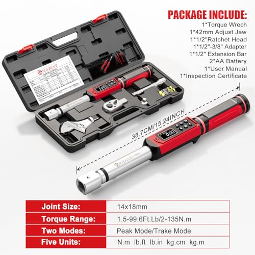 SUERCUP 1/2" Adjustable Digital Torque Wrench (1.5-99.6Ft.Lb/2-135N.m) - size: 1.5-99.6Ft.Lb/2-135N.m(14x18 mm)