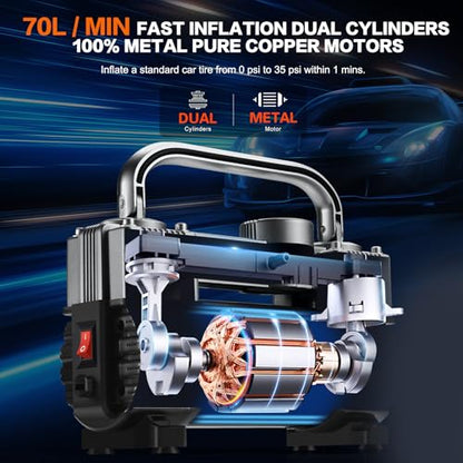 GSPSCN 12V Heavy Duty Tire Inflator Metal Portable Air Compressor Pump - color: Titanium