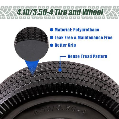 4.10/3.50-4 Tire & Wheel Flat Free, 4 Pack Heavy Duty Solid PU Non-inflated Tires with Double Sealed Bearings, 5/8 in Axle Bore Hole & 2.15 in Offset Hub for Dolly/Dump Cart/Wheelbarrow - size: 4 Pack Tires