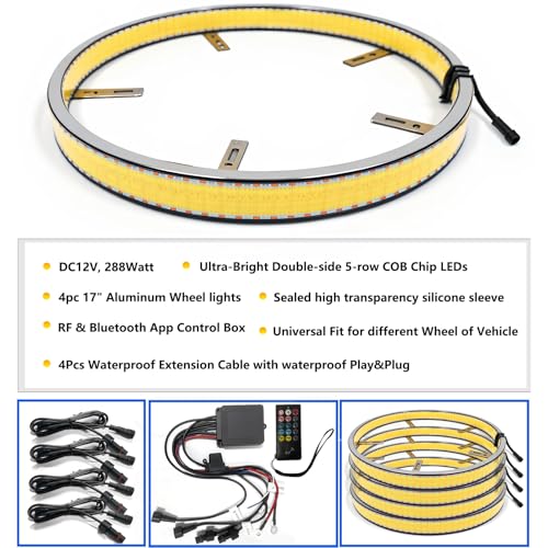 17in 10 Row COB White Wheel Lights for Truck Car,252W Ultra-Bright LED Wheel Ring Light App & Remote Dual Zone Control,Waterproof IP68 Hub Rim Lights Underglow Lighting Kit,4Pcs - size: 17in 10-row