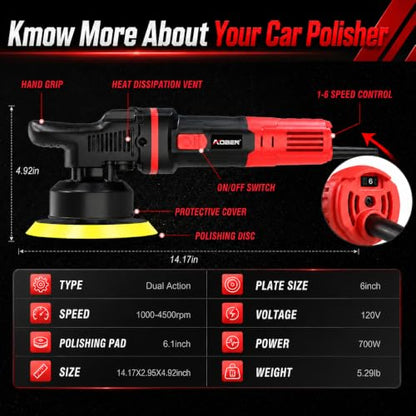 AOBEN Car Buffer Polisher,6 inch Dual Action Polisher,Random Buffer Polisher kit with 6 Variable Speed 1000-4500rpm,Detachable Handle,4 Buffing Pads for Car detailing Polishing and Waxing - size: AT3501-7