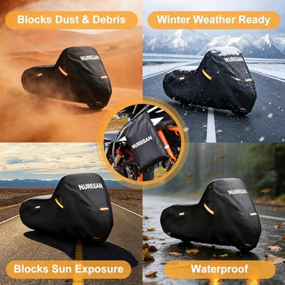 Heavy Duty Motorcycle Cover Waterproof Outdoor Universal Fit up to 92 Inch, All Season Protection for Kawasaki Z650 Ninja ZX-10R, Honda Rebel 500 CBR500R with See-Through License Panel