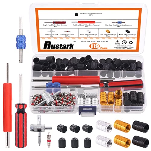 119Pc Valve Core Remover Tools with Aluminum Tire Stem Caps, Dual and 4-Way Valve Tool Kit for Automotive, Truck, Motorcycle, Bicycle