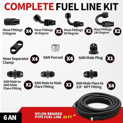 6AN PTFE Fuel Line Kit Nylon Braided PTFE Fuel Hose 20FT With AN6 Hose End Fitting For LS Swap EFI Fuel System - color: Black, size: 6AN 20FT
