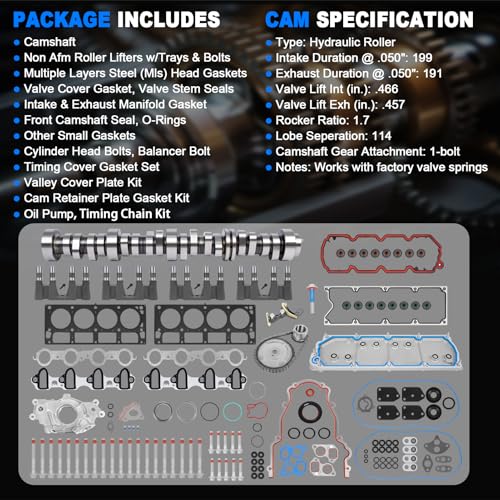 WANGSHENG NON AFM DOD Kit w/Camshaft, Lifters, Timing Chain, Head Gasket Set, Fit for 2007-2013 Chevy Silverado 1500/Tahoe/Suburban, GMC Sierra/Yukon 5.3L V8 Engine, NON-VVT - color: NON AFM Kit w/Oil Pump+Valley Cover+Timing Chain