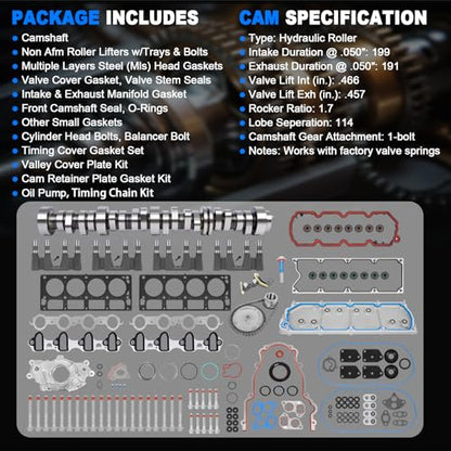 WANGSHENG NON AFM DOD Kit w/Camshaft, Lifters, Timing Chain, Head Gasket Set, Fit for 2007-2013 Chevy Silverado 1500/Tahoe/Suburban, GMC Sierra/Yukon 5.3L V8 Engine, NON-VVT - color: NON AFM Kit w/Oil Pump+Valley Cover+Timing Chain